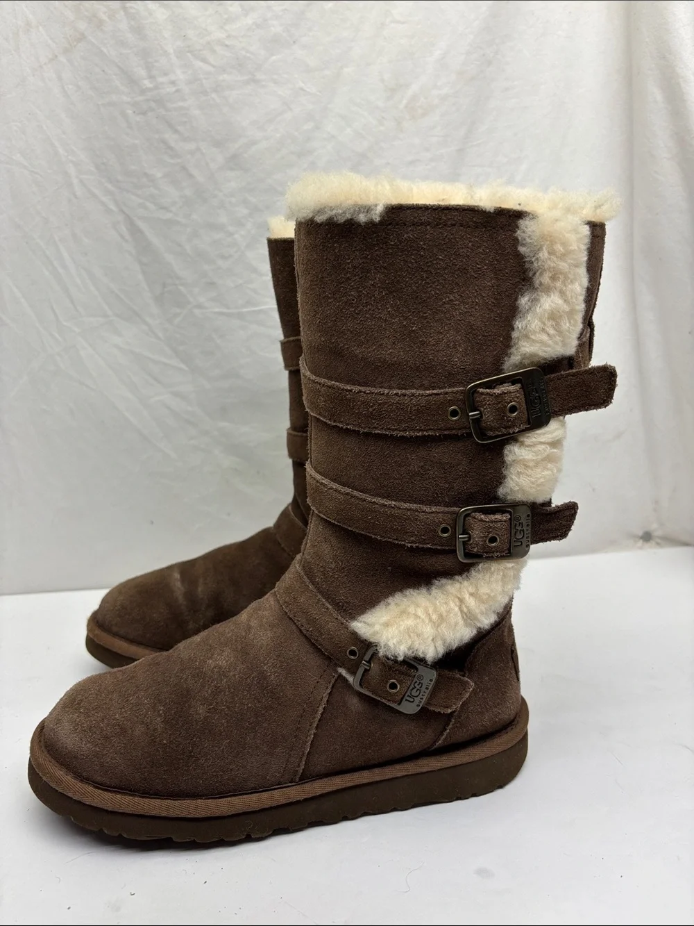 UGG Brown Suede Mid-Calf Shearling Buckle Boots, SZ 4 big girl, box 4
